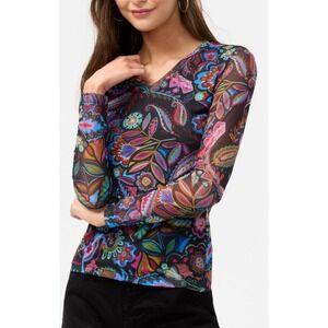 Johnny Was Silvana Multicolor V-Neck Long Sleeve Mesh Tee Floral Paisley New XL